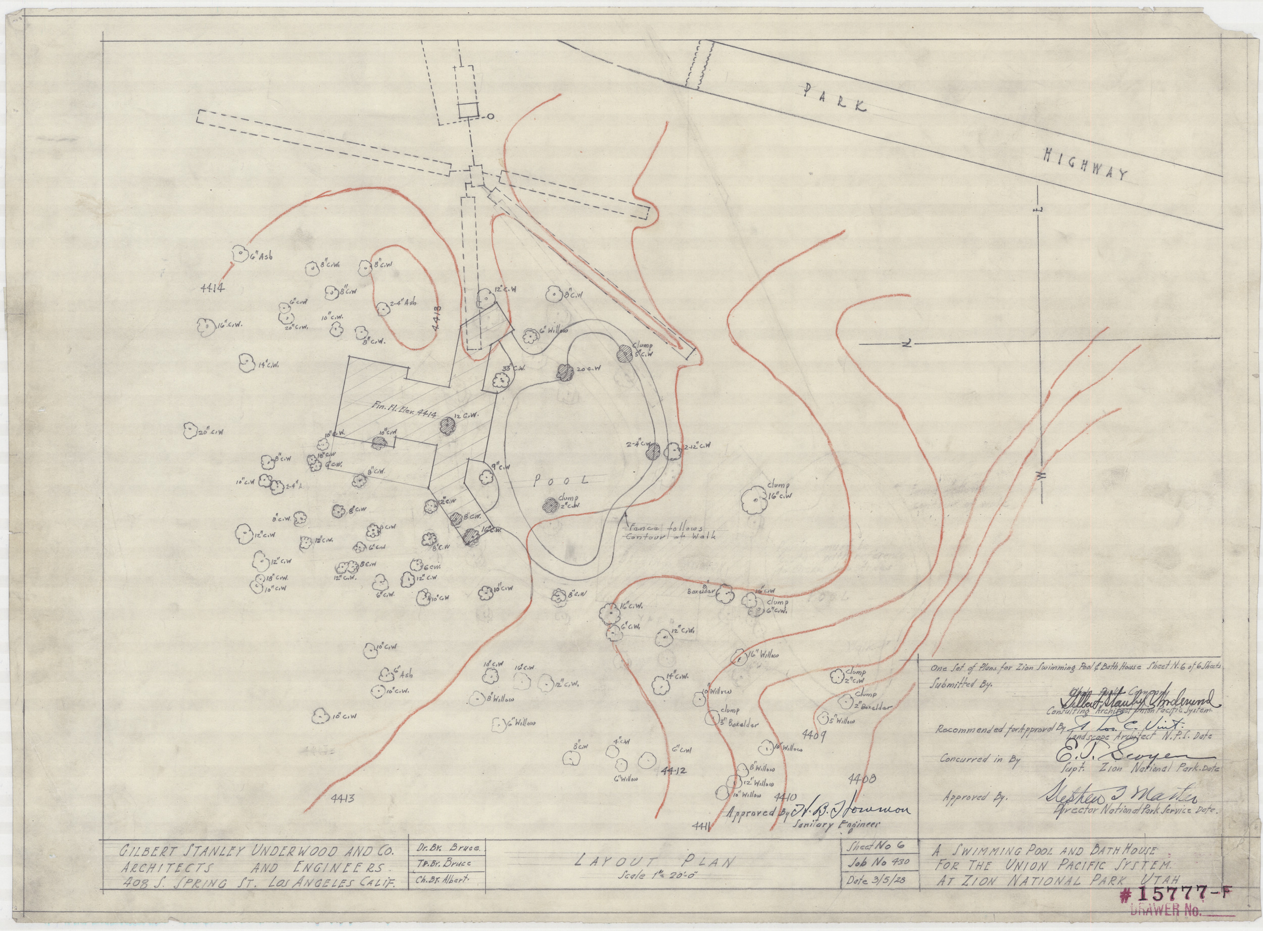 Architectural drawing of swimming pool & bath house at Zion National Park, Utah, floor plan, March 5, 1928, sheet no. 6, layout plan