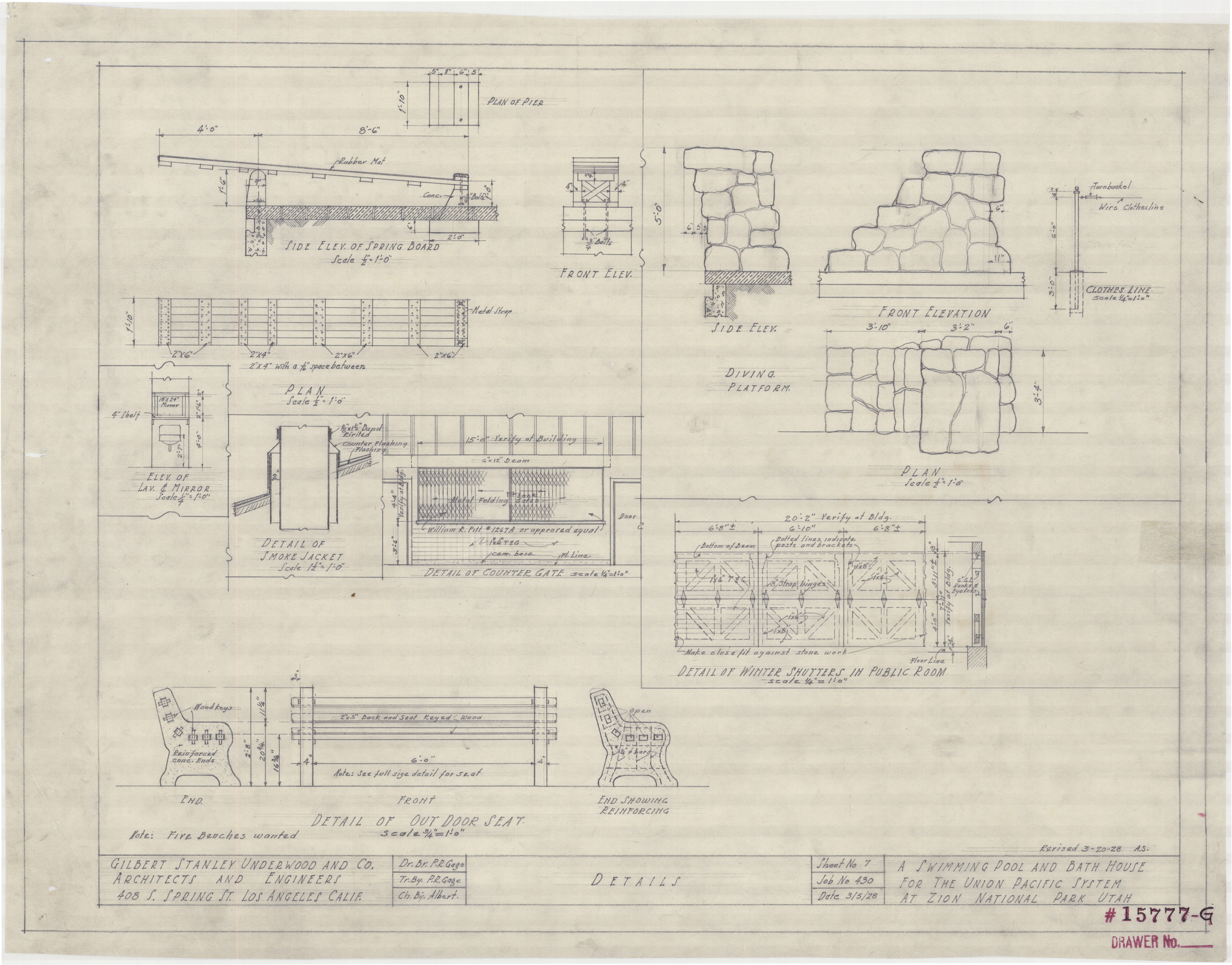 Architectural drawing of swimming pool & bath house at Zion National Park, Utah, floor plan, March 5, 1928, sheet no. 7, details