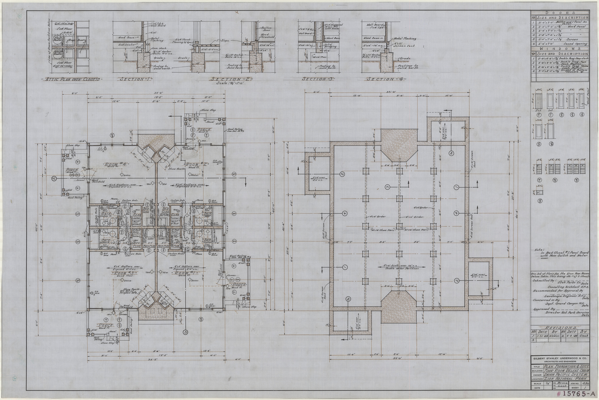 Architectural drawings of a four room deluxe cabin in  Zion National Park, foundations, sections, details, elevations, January 12, 1929, sheet 1, plan foundation and section