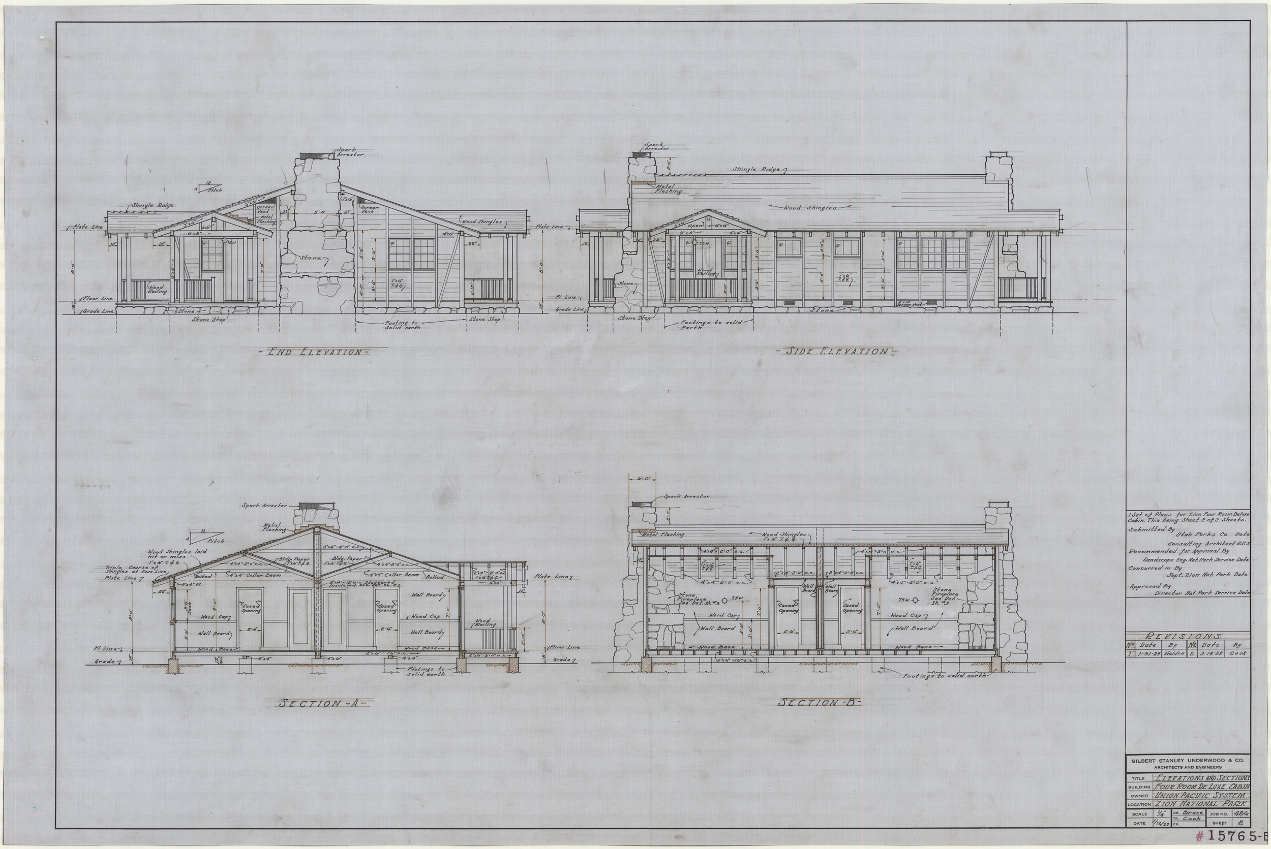 Architectural drawings of a four room deluxe cabin in  Zion National Park, foundations, sections, details, elevations, January 12, 1929, sheet 2,  elevations and sections