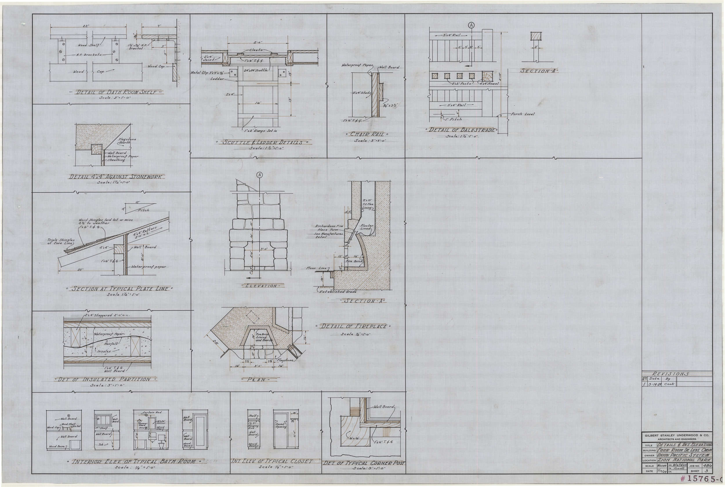 Architectural drawings of a four room deluxe cabin in  Zion National Park, foundations, sections, details, elevations, January 12, 1929, sheet 3, details and interior elevations