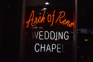 Arch of Reno Wedding Chapel window sign, Reno, Nevada