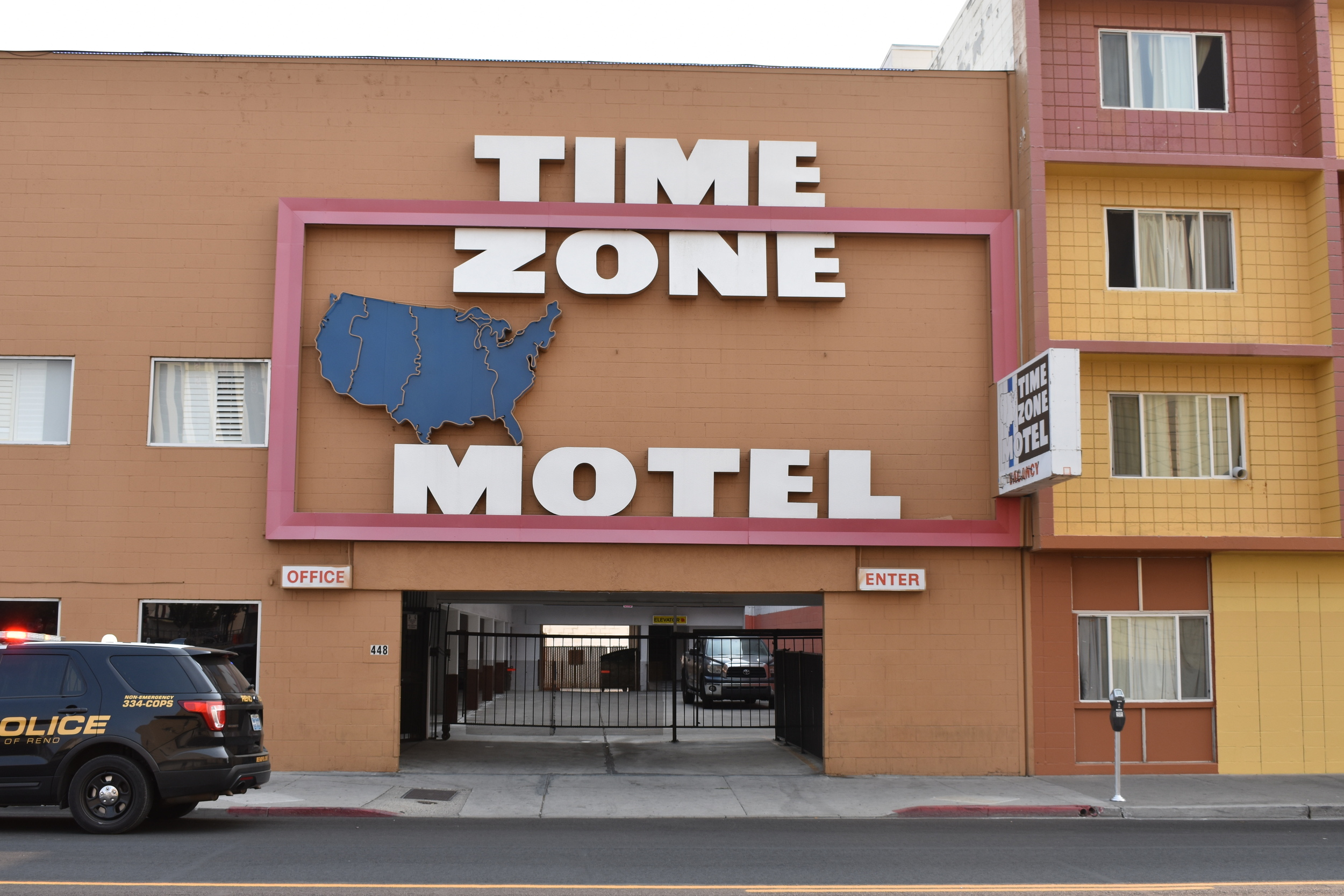 Time Zone Motel wall mounted sign, Reno, Nevada
