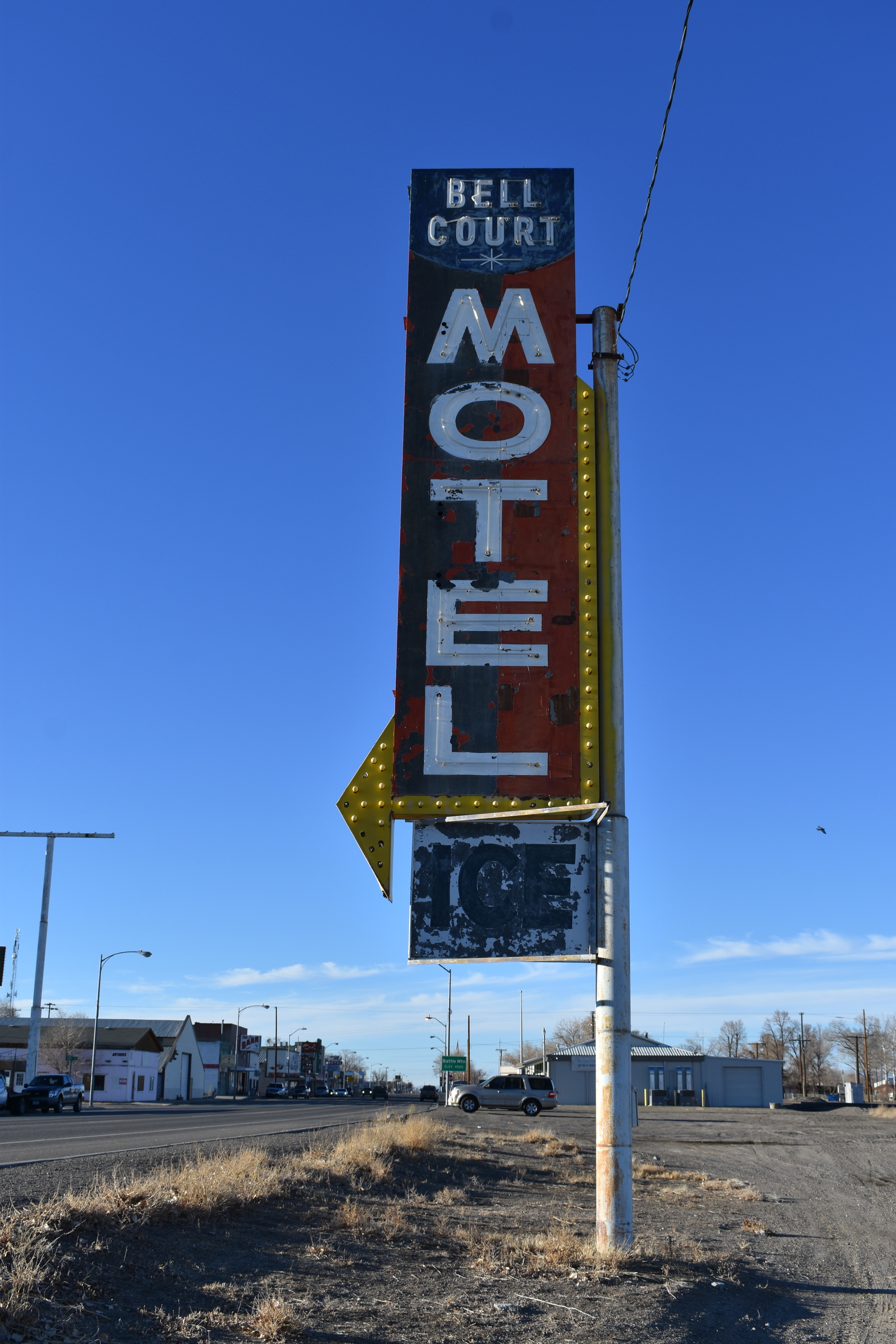 Bell Court Motel flag mounted sign, Battle Mountain, Nevada