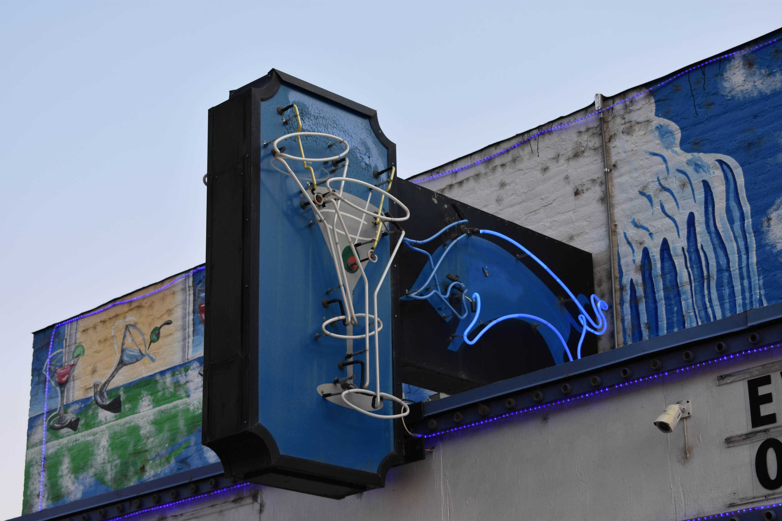Blue Bull flag mounted wall sign and window sign, Carson City, Nevada