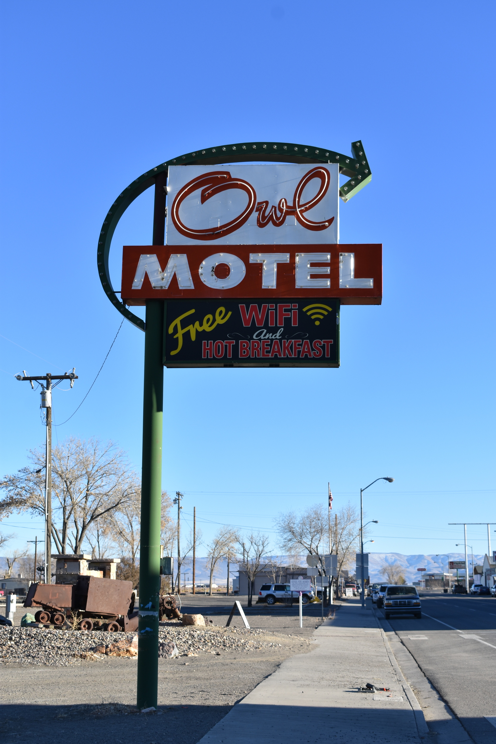 Owl Motel flag mounted sign, Battle Mountain, Nevada