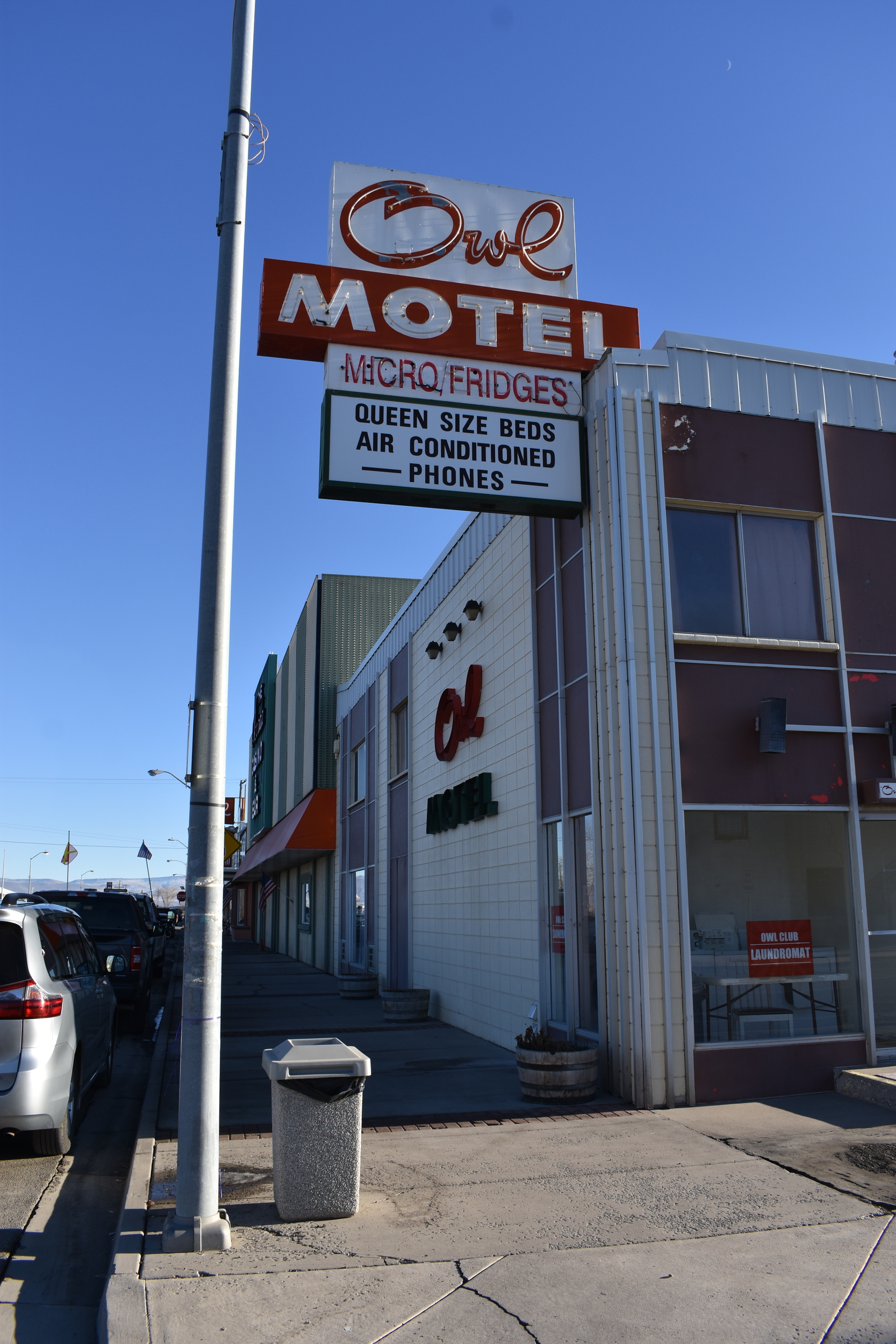 Owl Motel roof and wall mounted signs, Battle Mountain, Nevada