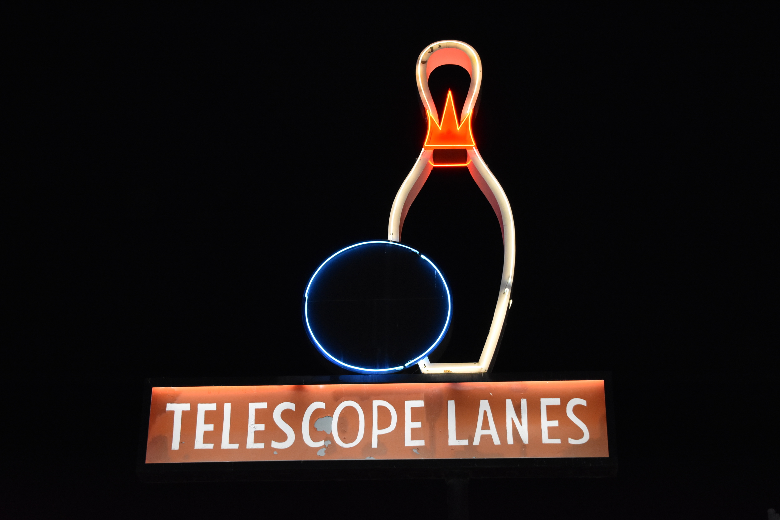 Telescope Lanes flag mounted sign, Elko, Nevada