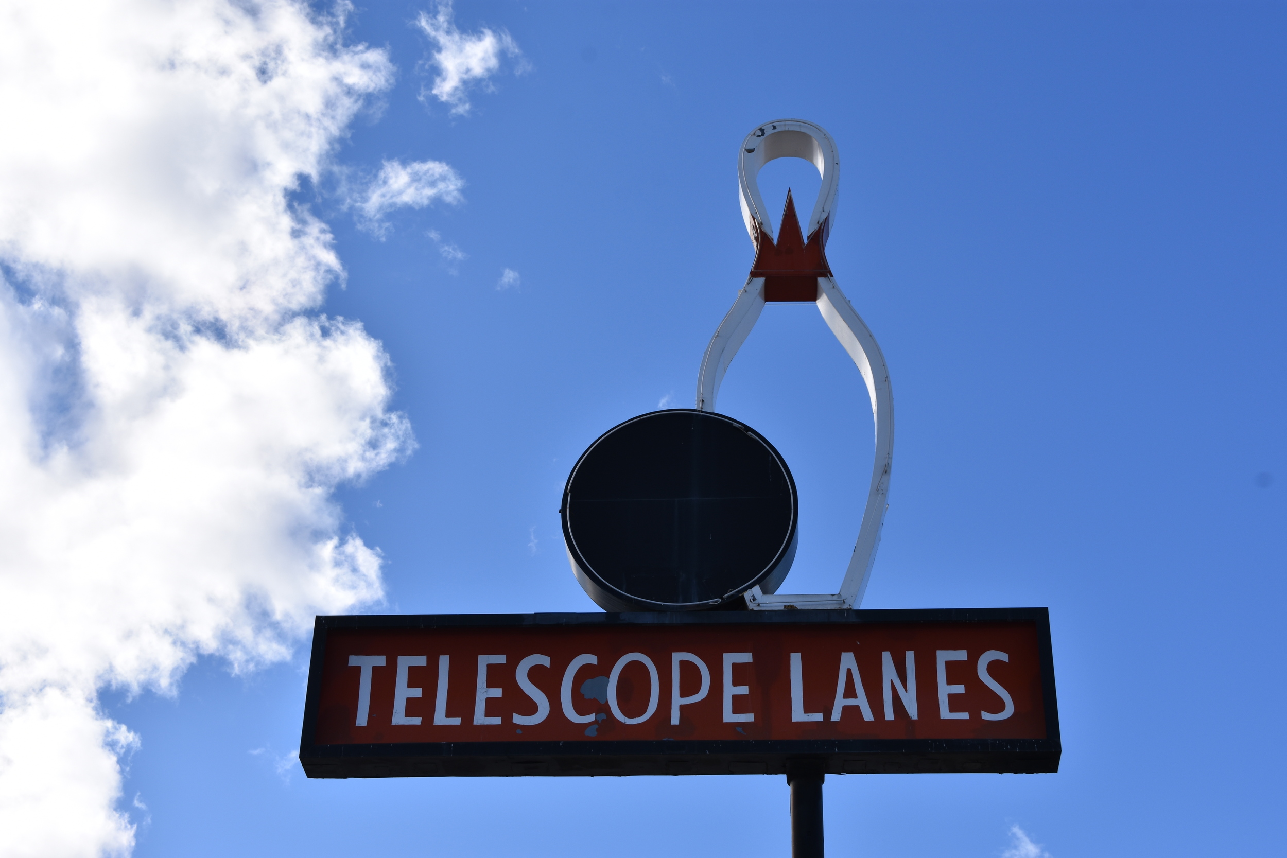 Telescope Lanes flag mounted sign, Elko, Nevada