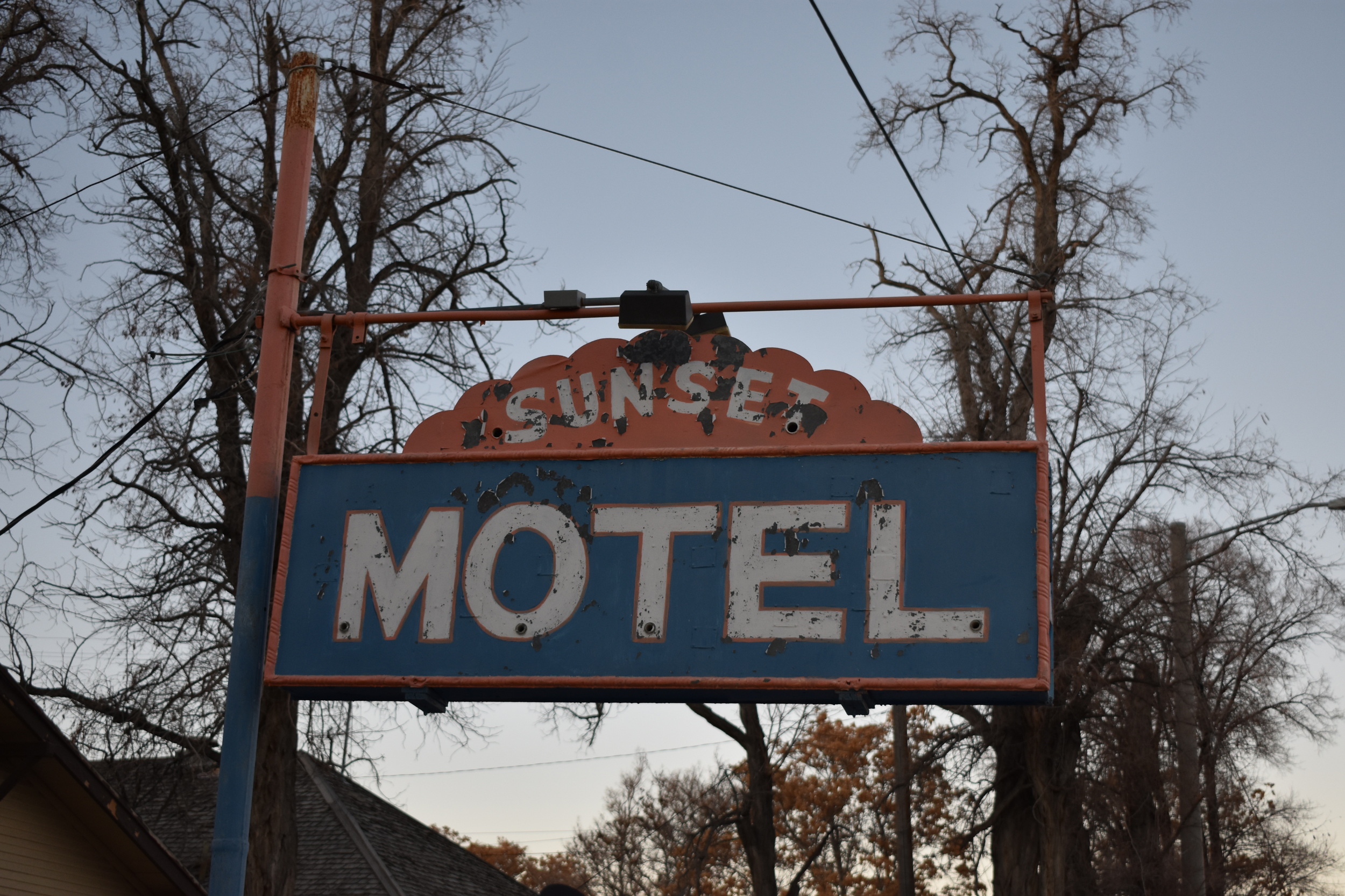 Sunset Motel flag mounted sign, Lovelock, Nevada