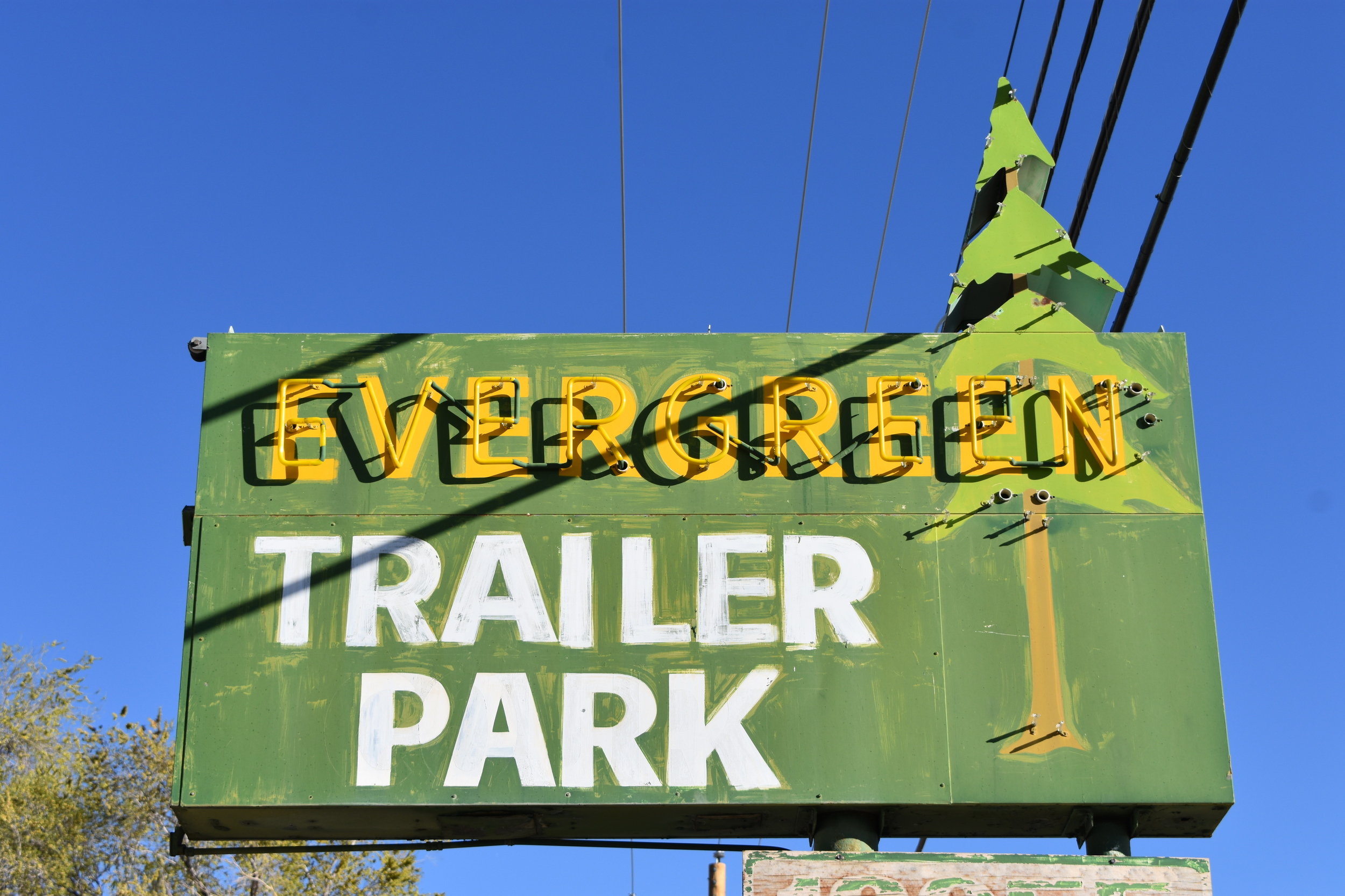 Evergreen Trailer Park flag mounted sign, Reno, Nevada