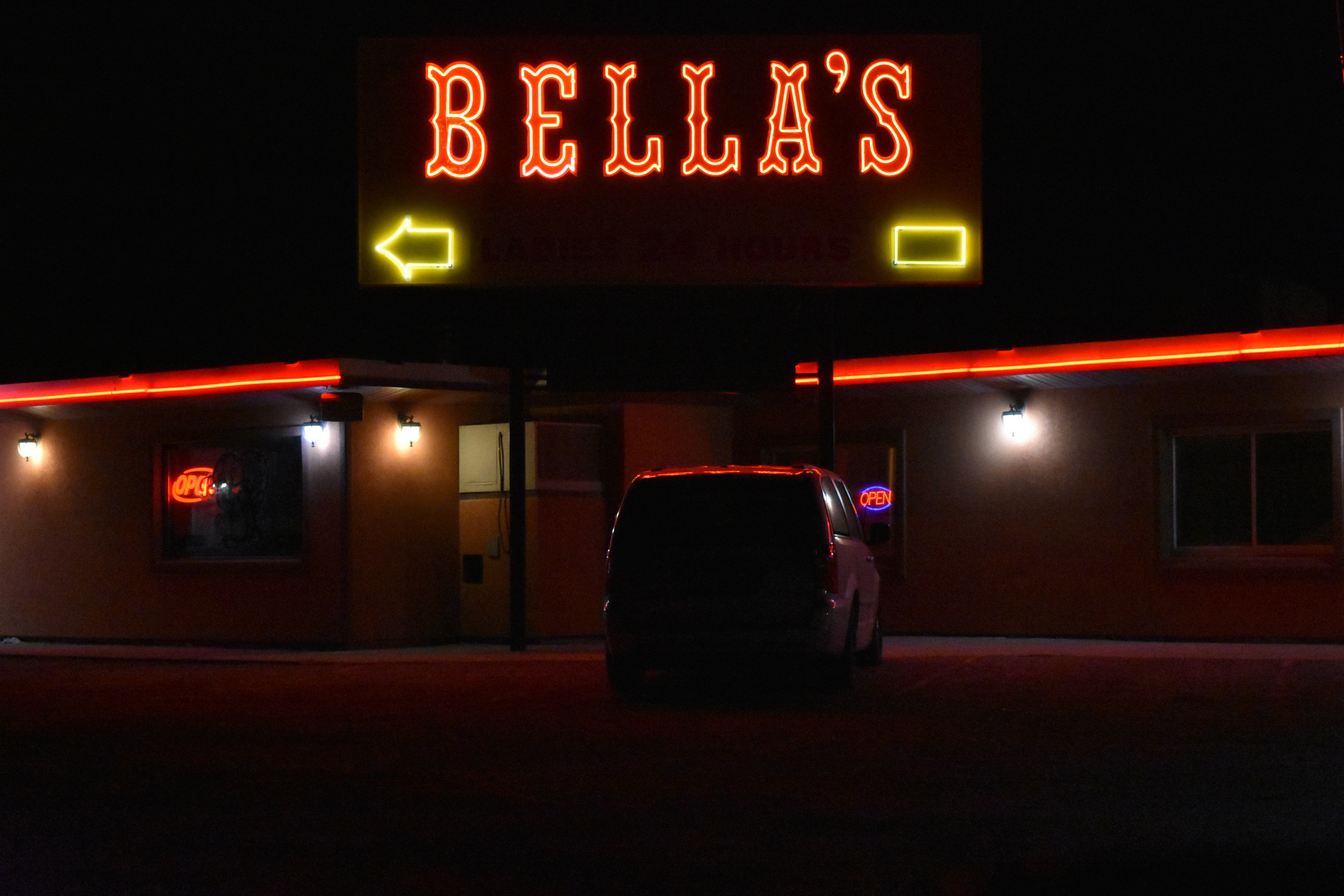 Bella's Hacienda double mounted sign, Wells, Nevada