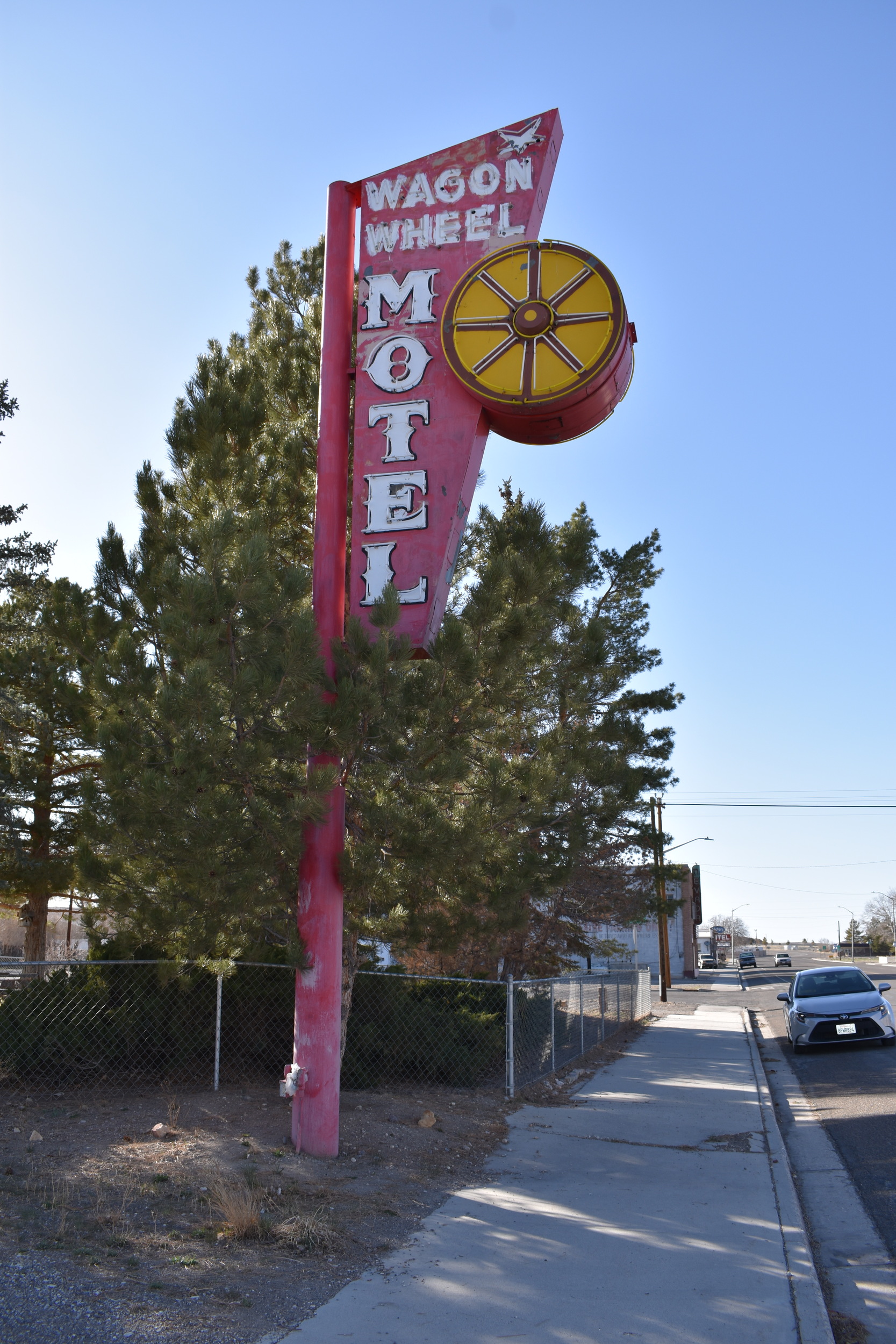 Griff's Wagon Wheel Motel flag mounted sign, Wells, Nevada
