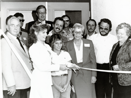 Ribbon-cutting ceremony at the dedication of the All-Purpose Building: photographic print