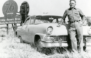 Robert Revert is pictured with a new Ford automobile in Beatty, Nevada: photographic print