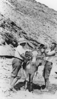 Don Finley and Jack Parsons obtaining water for Josiah Irving Crowell's mine at Chloride Cliff in the Funeral Mountains southwest of Beatty, Nevada: photographic print