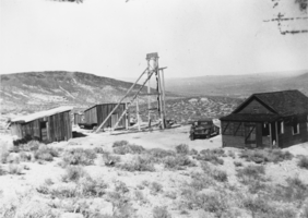 Headframe and buildings at the Gold Bar Mine, Nevada: photographic print