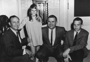 Tim Hafen, Janie Hafen, Nevada Governor Paul Laxalt, and Greg Hafen (identified from left to right) smiling: photographic print