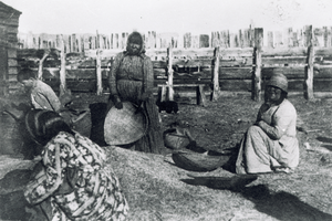 Negative: Native American woman shelling pine nuts at the cattle corrals near Tonopah, Nevada: photographic transparency