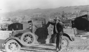 Joe Fallini with his pickup overlooking Tonopah, Nevada: photographic print
