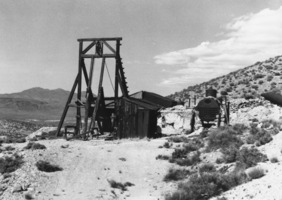 Looking north at the gallows frame of the old Orazaba Mine in Nevada: photographic print