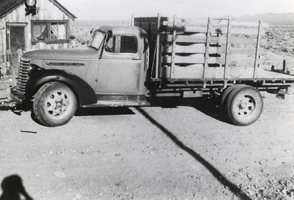 Truck parked at the Stegmeyer home located just north of Round Mountain, Nevada: photographic print