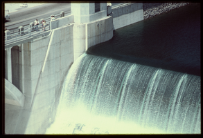 Water flows over the Arizona spillway, looking southwest at Hoover Dam, Arizona: photographic slide