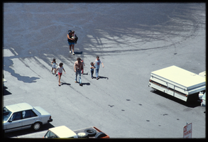 People in a parking lot near the Arizona Spillway at Hoover Dam, Arizona: photographic slide