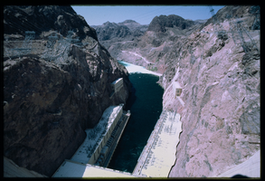 The front face of Hoover Dam looking down from atop Hoover Dam, Nevada: photographic slide