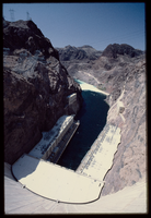 The front face of Hoover Dam looking down from atop Hoover Dam, Nevada: photographic slide