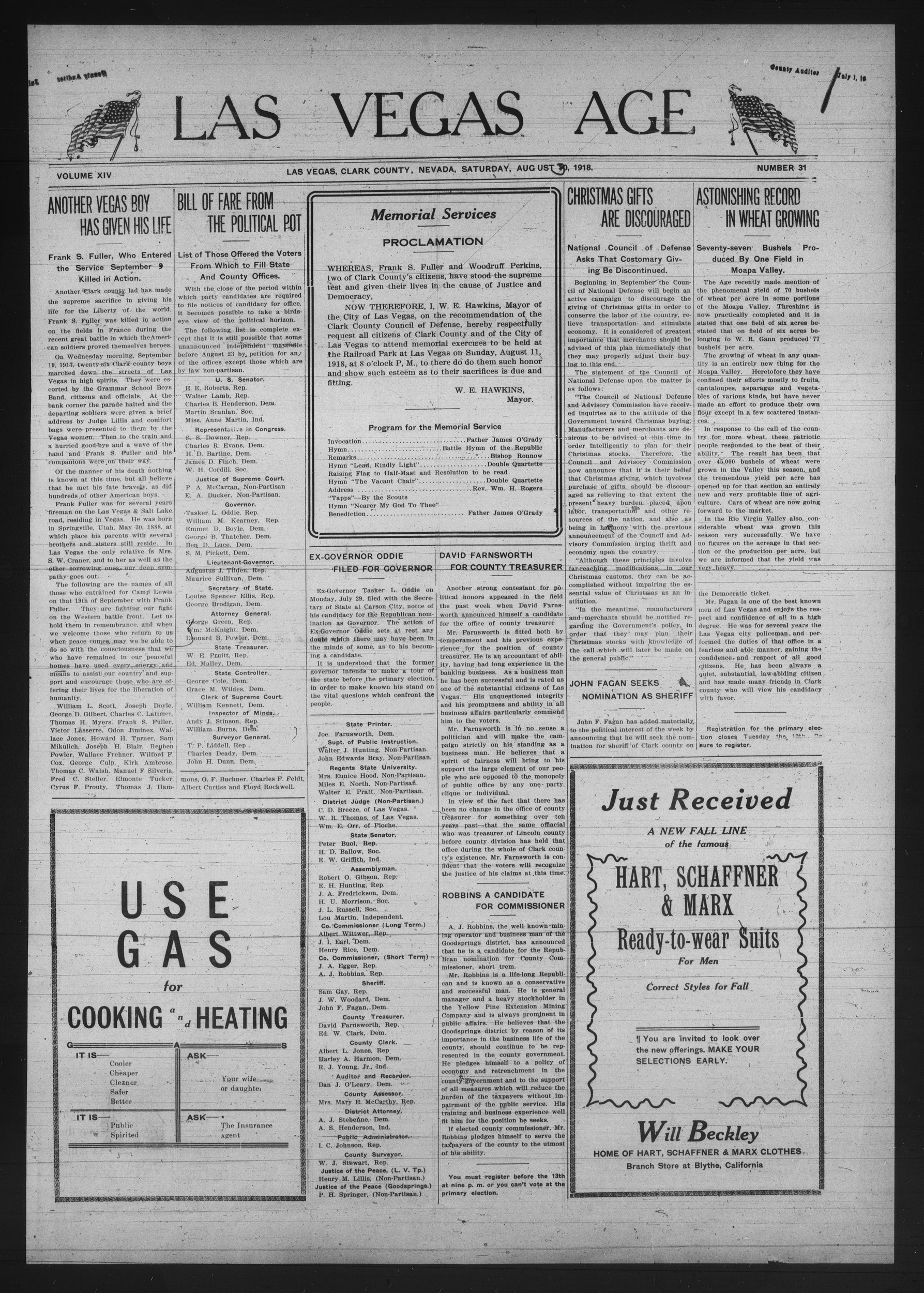 Las Vegas Age, Vol. XIV, No. 31 (1918-07-27), page 1