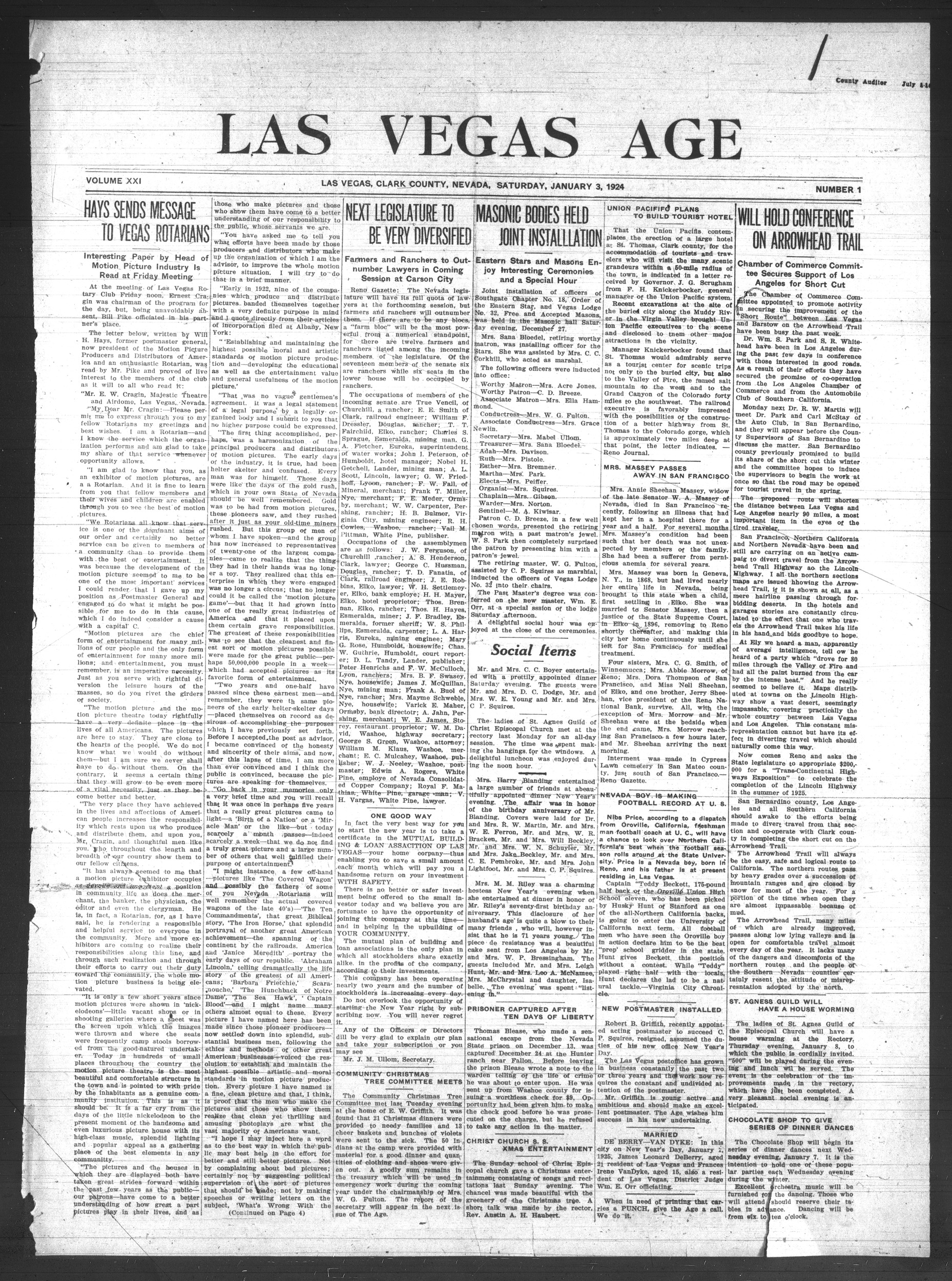 Las Vegas Age, Vol. XXI, No. 1 (1925-01-03), page 1