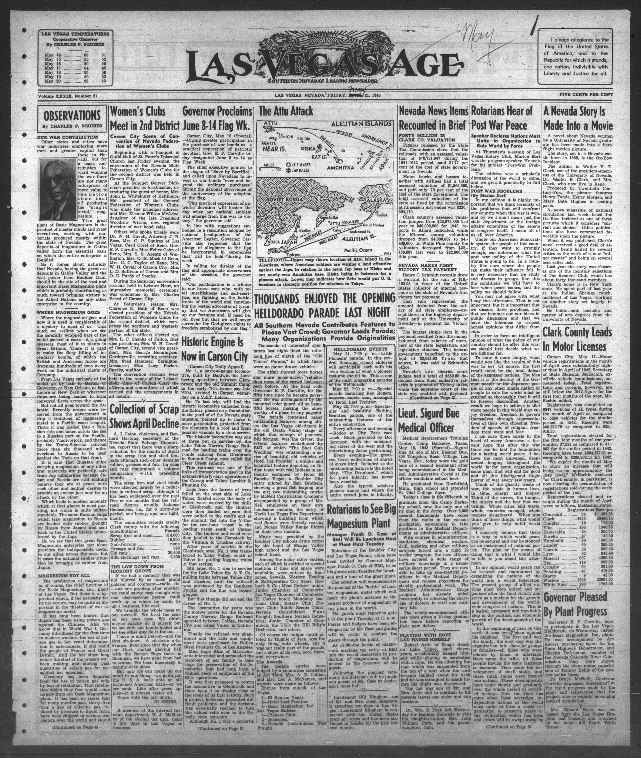 Las Vegas Age, Vol. XXXIX, No. 21 (1943-05-21), page 1