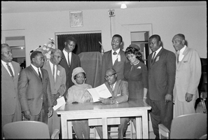 Set of photographs including Elk Lodge celebration, Buds Auto advertisement, Mrs. Heat, St. James anniversary, Highland Library, Summer and Operation Head Start: image 001
