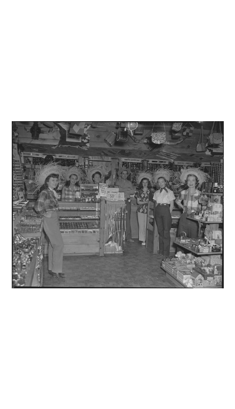 Trader Bills and his Traderettes, 1951 May 04: black-and-white photographs