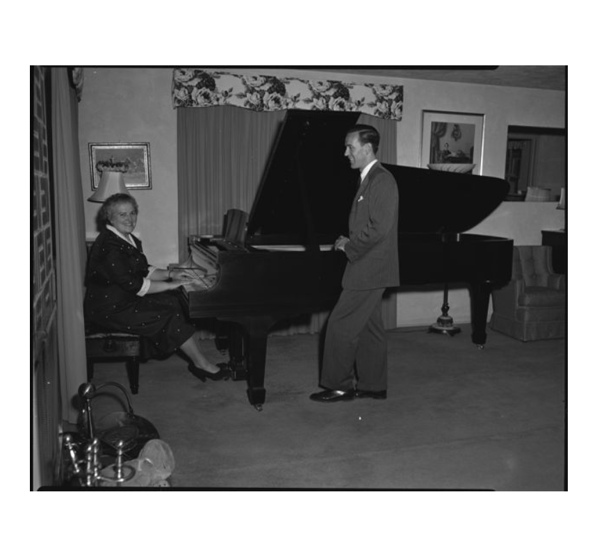 Jerry Davis and Mrs. Cobb and Mr. Steinway, 1955 May 12: black-and-white photographs