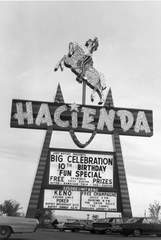 Marquee and neon sign in front of the Hacienda Hotel