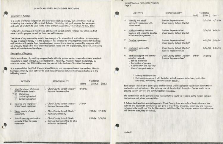 Documents related to the Clark County School District School-Business Partnership Program, 1983-1986 Documents related to the Clark County School District School-Business Partnership Program, 1983-1986