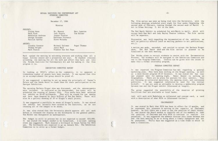 Nevada Institute for Contemporary Art Steering Committee meeting minutes, December 17, 1986 Nevada Institute for Contemporary Art Steering Committee meeting minutes, December 17, 1986