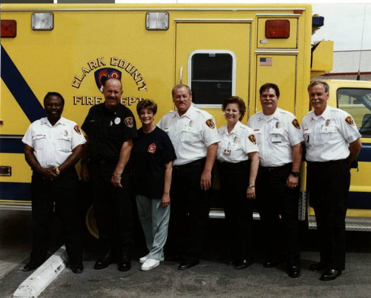 Shelley Berkley posing with Clark County Fire Department on May 16 2003