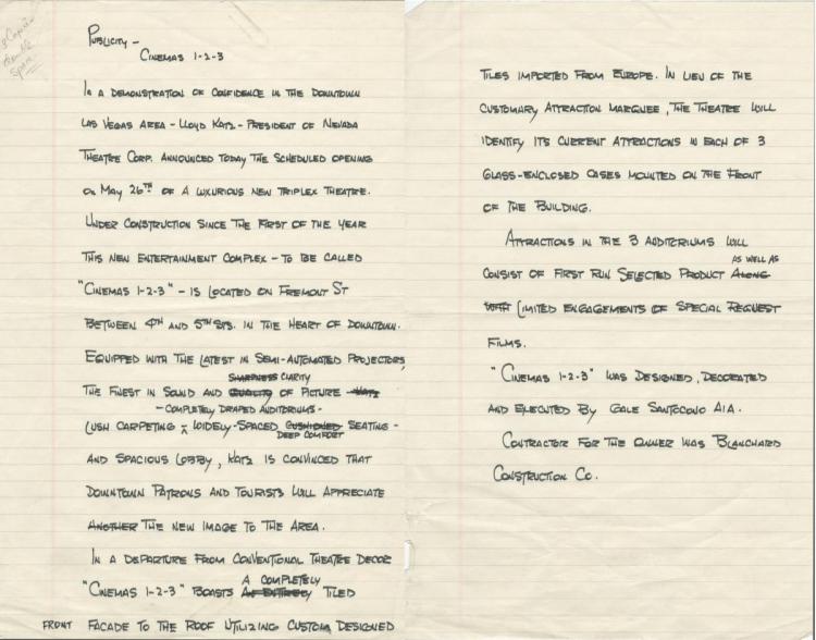 Handwritten press release for the opening of Cinemas 1-2-3 Handwritten press release for the opening of Cinemas 1-2-3