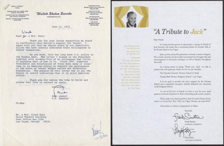(L) Letter to Lloyd and Edythe Katz from U.S. Senator Paul Laxalt, 1975 (R) Letter from Frank Sinatra and Lloyd Katz about a Jack Entratter tribute dinner and fundraiser for the Temple Beth Sholom Religious School in Las Vegas, 1965 (L) Letter to Lloyd and Edythe Katz from U.S. Senator Paul Laxalt, 1975 (R) Letter from Frank Sinatra and Lloyd Katz about a Jack Entratter tribute dinner and fundraiser for the Temple Beth Sholom Religious School in Las Vegas, 1965