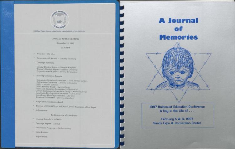 (L) Jewish Federation of Las Vegas board meeting agenda, December 18, 1985  (R) Holocaust Education Conference program, 1997