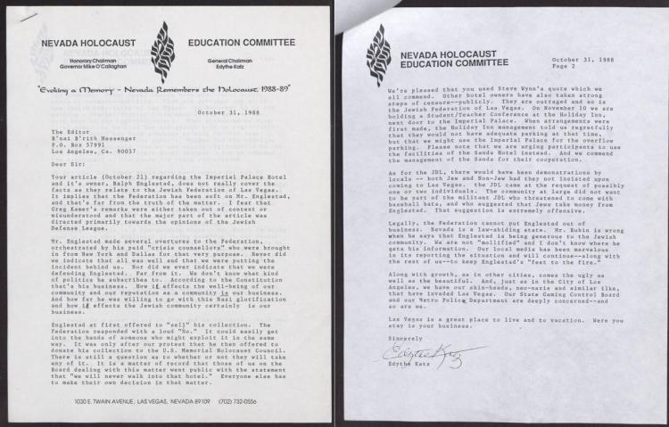 Letter from Edythe Katz to the Editor of the B'nai B'rith Messenger about Ralph Englestad, October 31, 1988 Letter from Edythe Katz to the Editor of the B'nai B'rith Messenger about Ralph Englestad, October 31, 1988