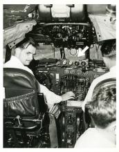 Hughes at the controls of TWA Constellation showing the radar equipment,1947.