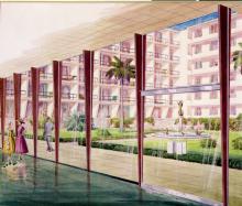 Artist's rendering of Hacienda courtyard, circa 1955