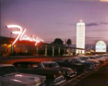 In 1953 the Flamingo was remodeled with a new facade and the famous campagne tower sign. Hughes was living in the Flamingo in 1953.