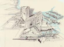Architectural drawing of the Harrah's Marina Hotel Casino (Atlantic City), alterations and sketches of the site plan study showi