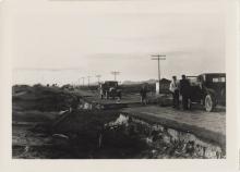 Photograph of road washout five miles southeast of Las Vegas, circa 1931
