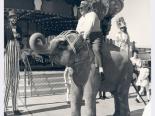 Jay Sarno riding an elephant outside of Circus Circus casino, Las Vegas, Nevada, March 21, 1970